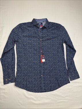 Billy London Large L slim fit long sleeve button down navy blue micro floral